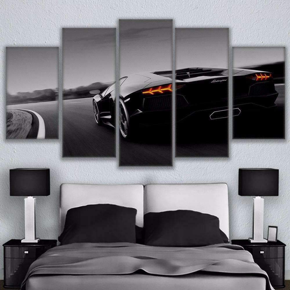 Black Luxury Lamborghini Sports Car Framed 5 Piece Canvas